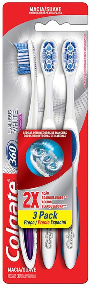 Escova De Dente Colgate 360º Luminous White Macia Com 3 Unidades