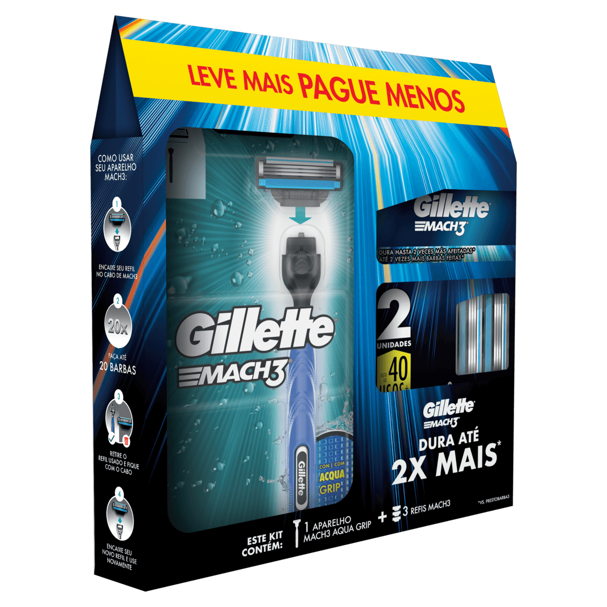 Aparelho De Barbear Gillette Mach3 Acqua-Grip 1 Unidade + 2 Cargas