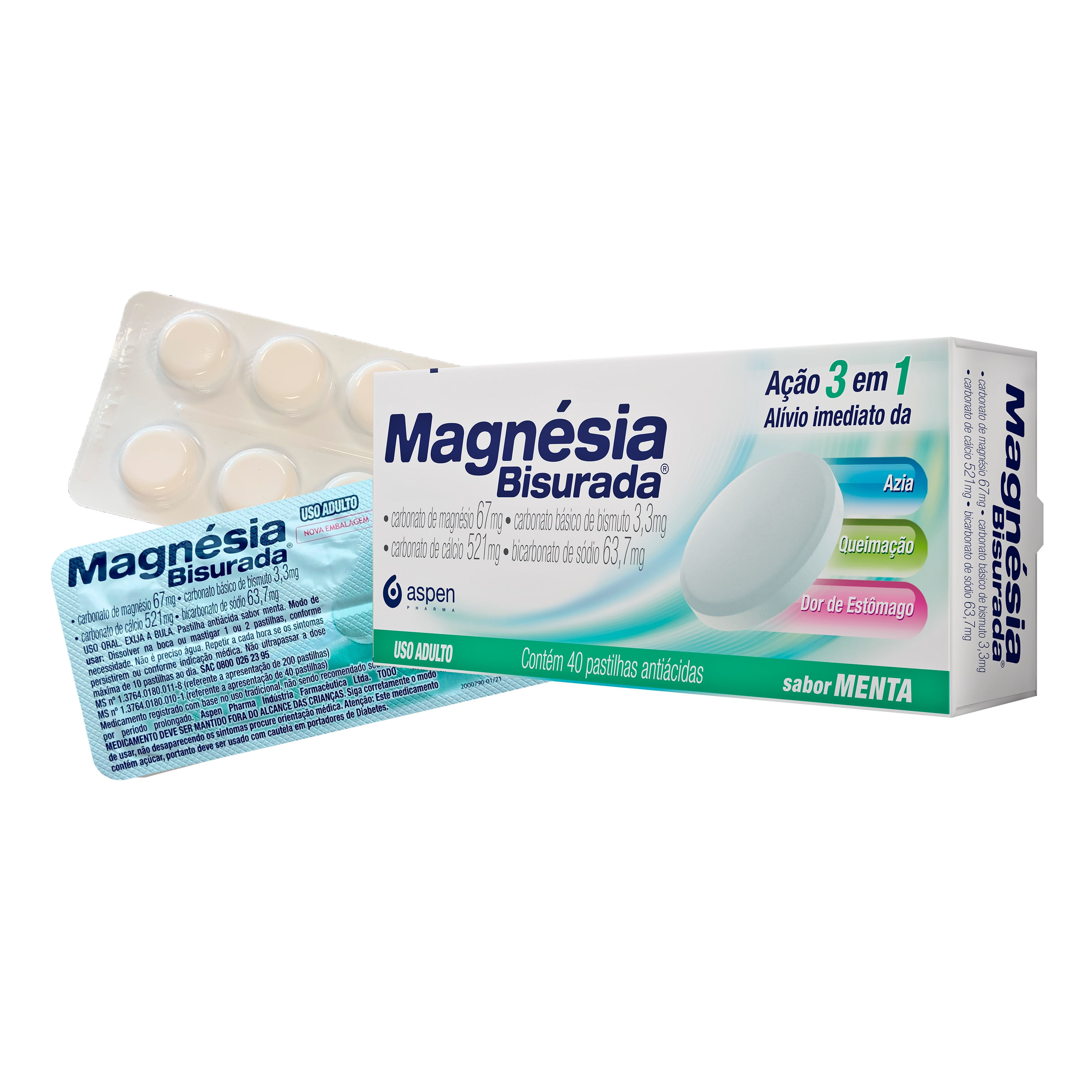 Magnésia Bisurada Sabor Menta 40 Pastilhas Mastigáveis