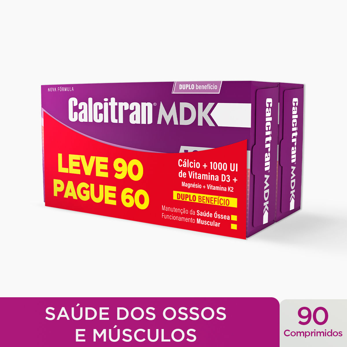 Calcitran MDK Leve 90 comprimidos, Pague 60 - Cálcio com Magnésio, Vitamina D e K